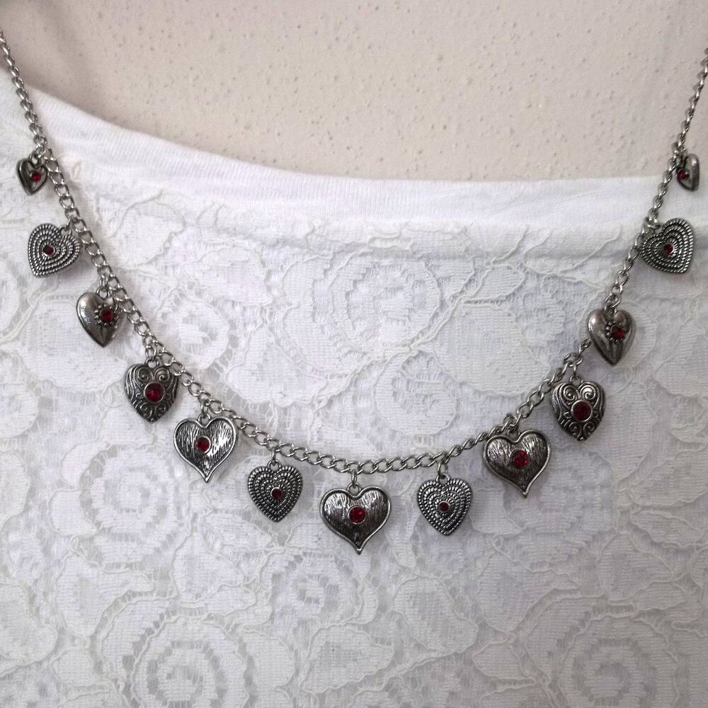 Short Heart Necklace & Earring Ruby Red Rhinestone Silver Costume Jewelry C737 - Picture 5 of 5